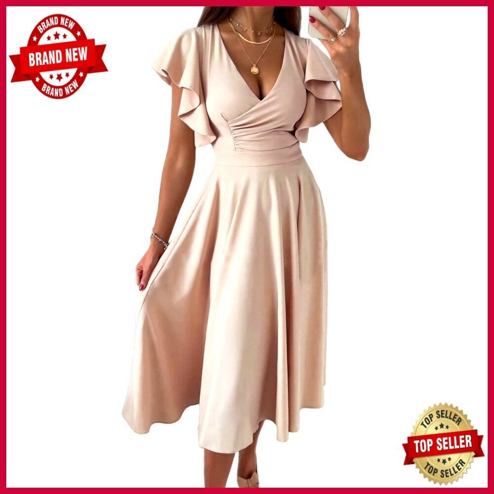 Elegant V Neck Skater Dress Formal Party Wear Midi Length Chic Wedding Guest
